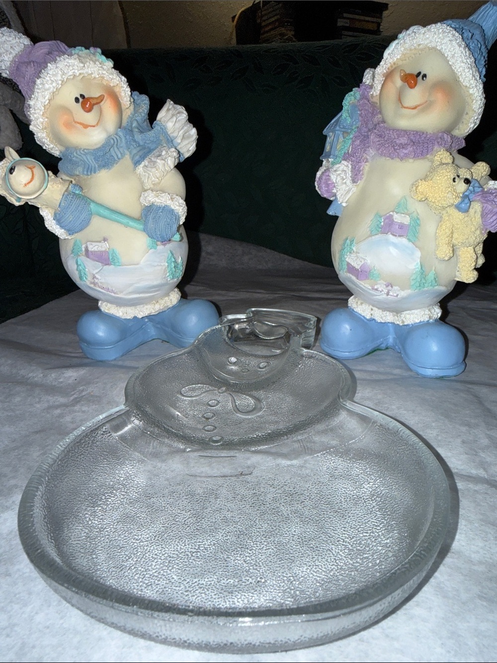 Clear Snowman Glass Trinket Dish & 2 Playful Snowmen. No cracks or chips.